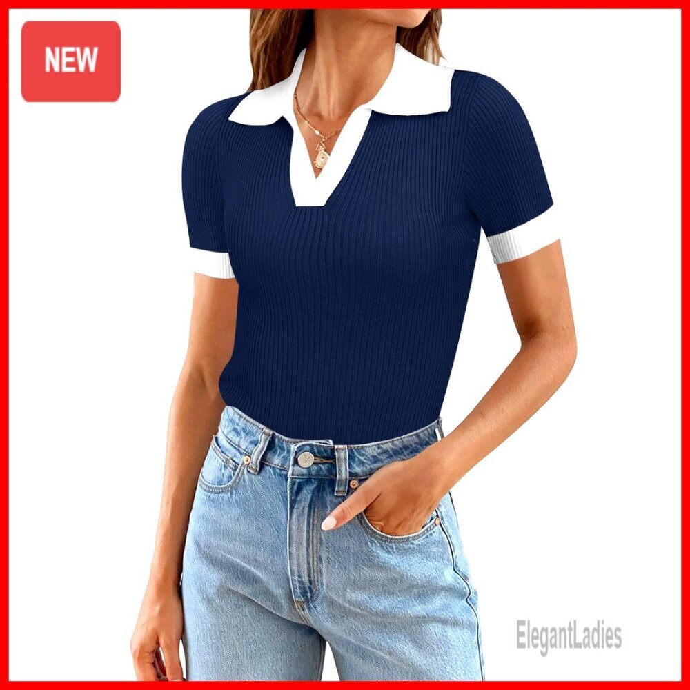 V-Neck Short Sleeve Sweater Slim Fit Lightweight Knit Top